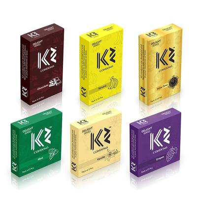K2 Condoms Combo (Chocolate, Banana, Extra Time without Flavor - Pack of 3 x 10's Each) + (Mint, Vanilla, Grapes - Pack of 3 x 3's Each) - Plain/Flavoured Condoms