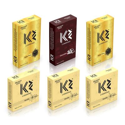 K2 Condoms Combo (Extra Time without Flavor, Chocolate - Pack of 3 x 10's Each) + (Vanilla - Pack of 3 x 3's Each) - Plain/Flavoured Condoms