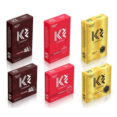 K2 Condoms Combo (Chocolate, Strawberry, Extra Time without Flavor - Pack of 3 x 10's Each) + (Chocolate, Strawberry, Extra Time without Flavor - Pack of 3 x 3's Each) - Plain/Flavoured Condoms