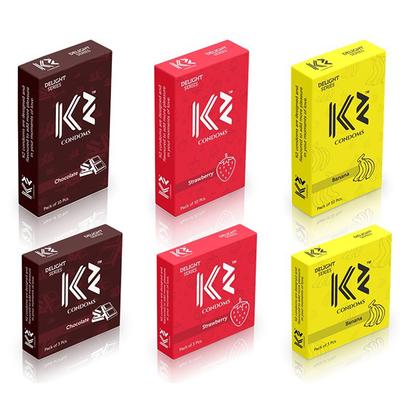 K2 Condoms Combo (Chocolate, Strawberry, Banana - Pack of 3 x 10's Each) + (Chocolate, Strawberry, Banana - Pack of 3 x 3's Each) - Plain/Flavoured Condoms