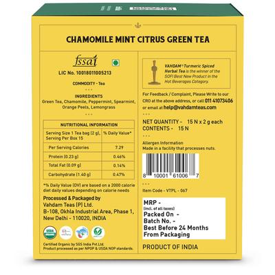Vahdam Chamomile Mint Citrus Green Tea Bags 15's - Teas