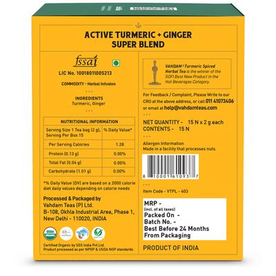Vahdam Turmeric Ginger Herbal Tea Infusion Bags 15's - Teas
