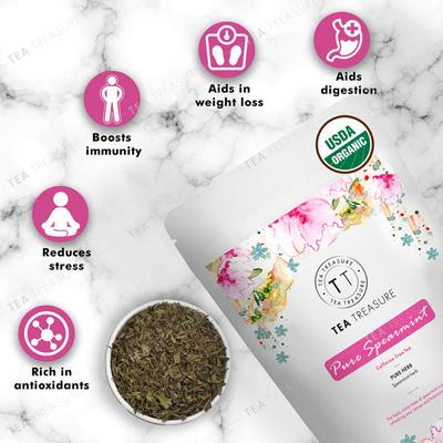 Tea Treasure Caffeine Free Tea Leaves - Pure Spearmint 100 gm (Pouch) - Teas