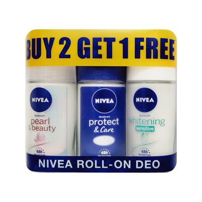 Nivea Roll-On Deodorant Buy 2 Get 1 Free Combo Pack - Pearl Beauty + Protect & Care + Whitening Sensitive Skin (Pack of 3 x 50 ml) - Deodorants/Roll-Ons