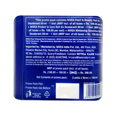 Nivea Roll-On Deodorant Buy 2 Get 1 Free Combo Pack - Pearl Beauty + Protect & Care + Whitening Sensitive Skin (Pack of 3 x 50 ml) - Deodorants/Roll-Ons