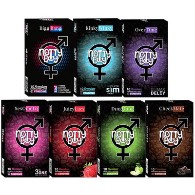 NottyBoy Condoms Combo - BiggBang + KinkyWinky + OverTime + SexOmetry + JuicyLucy + DingDong + CheckMate (Pack of 10's Each) - Plain/Flavoured Condoms