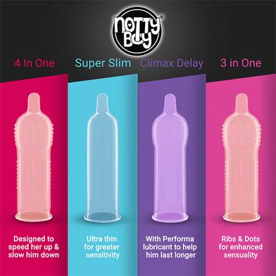 NottyBoy Condoms Combo - BiggBang + KinkyWinky + OverTime + SexOmetry + JuicyLucy + DingDong + CheckMate (Pack of 10's Each) - Plain/Flavoured Condoms