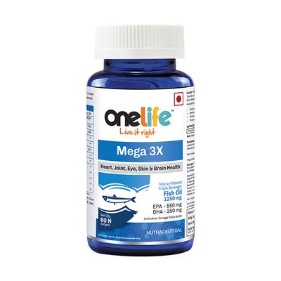 Onelife Mega 3X 1250 mg Fish Oil Softgel 60's - Omega Fish Oil Fatty Acids