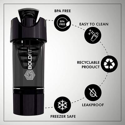 Boldfit Pro Cyclone Gym Shaker Bottle with Extra Compartment - Black 500 ml - Workout Essentials