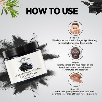 Sage Apothecary Activated Charcoal & Tea Tree 3 in 1 Mud Mask 100 gm - Masks & Peels