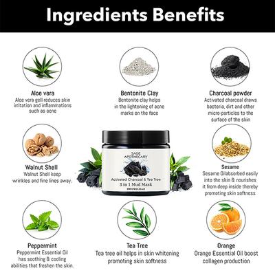 Sage Apothecary Activated Charcoal & Tea Tree 3 in 1 Mud Mask 100 gm - Masks & Peels