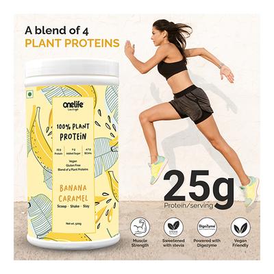 Onelife 100% Plant Protein Powder - Banana Caramel Flavour 500 gm - Workout Essentials