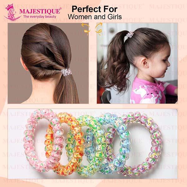 Majestique Spiral Hair Ties For Thick Hair Elastic No Crease Hair Coils Waterproof Ponytail Holders - Multicolor 5's - Hair Clips/Bands