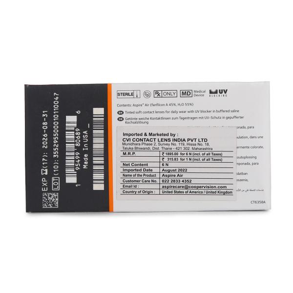 CooperVision ASPIRE AIR UV Blocking Monthly Disposable Spherical Silicone Hydrogel Lenses (6 Lenses) (Power -6.00) - Eyecare Lenses