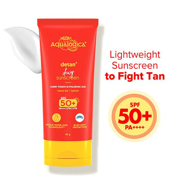 Netmeds | Aqualogica Detan + Dewy Sunscreen With Cherry Tomato & Hyaluronic Acid With SPF 50 & Pa ++++ 80 gm