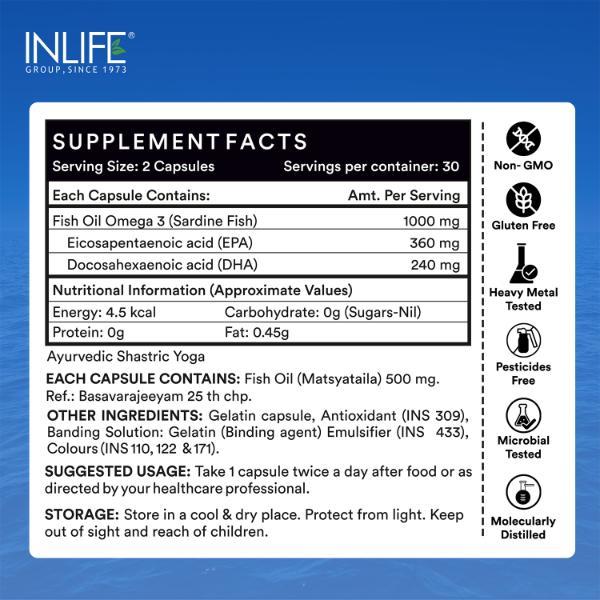 INLIFE Omega 3 Double Strength Fish Oil 1000 mg Capsules 60's - Omega Fish Oil Fatty Acids