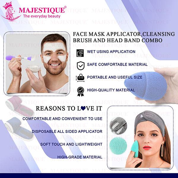 Majestique Facial Head Band, Dual Sided Silicone Brush with Makeup Remover Sponge - Multicolor 1's - Cleansing Brushes