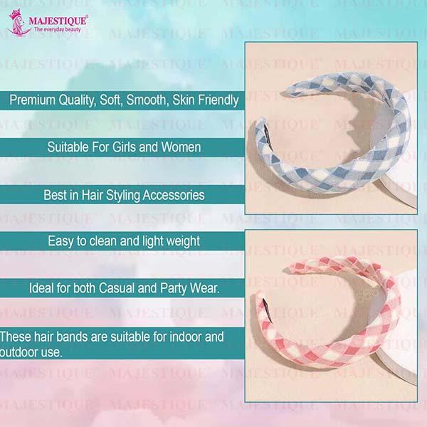 Majestique Padded and Wide Headbands, Puffy Sponge, Check Printed Vintage Hair Accessories 2's - Hair Clips/Bands
