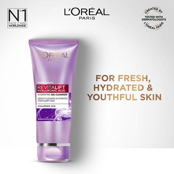 L'Oreal Paris Revitalift Hyaluronic Acid Hydrating Gel-Cleanser, Gently Cleanses & Hydrates For Plumpy Skin 100 ml - Face Washes