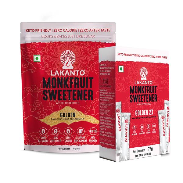 Netmeds | Lakanto Monkfruit Sweetener (Combo Pack Of Golden 2X (30's X 2.5 g) + Golden 454 g) 1's