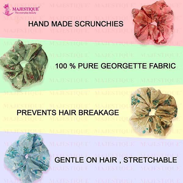 Majestique Georgette Hair Ties Scrunchies Elastics Leaf Print Bands For Women - Multicolor 2's - Hair Clips/Bands