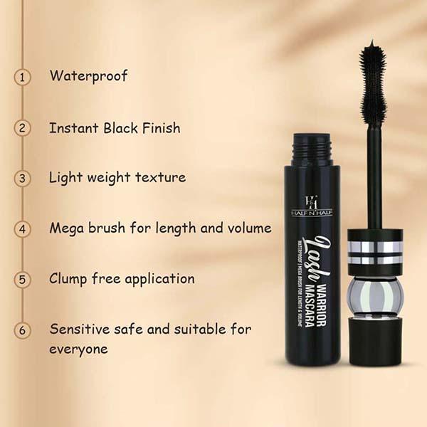 Half N Half Lash Warrior Mascara, Water Proof, Intense Black Finish, Light Weight - Black 8 ml - Mascaras
