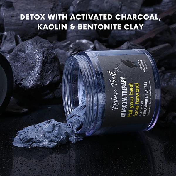 Nature Trail Charcoal Therapy Face Mask with Kaolin and Bentonite clay for Deep Cleansing and Brightening 120 gm - Masks & Peels