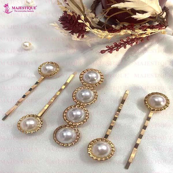 Majestique Stylish Pearl Golden Hair Pins, Metal Korean Fancy Accessories, Kids, Girls, Women 5's - Hair Clips/Bands