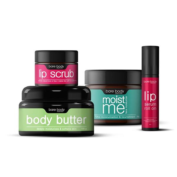 Netmeds | Bare Body Essentials Winter Essentials Combo - Lip Scrub 15g, Lip Serum 8ml, Body Butter 100g & Moist me 50g 1's