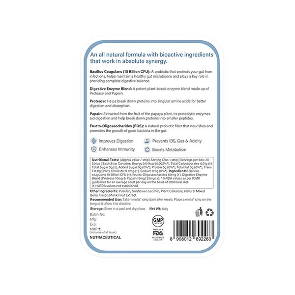 Wellbeing Nutrition Melts Healthy Gut Probiotic 10B CFU, Digestive Enzymes and FOS For Indigestion, Gas, Acidity 30 Strips - Digestive Health