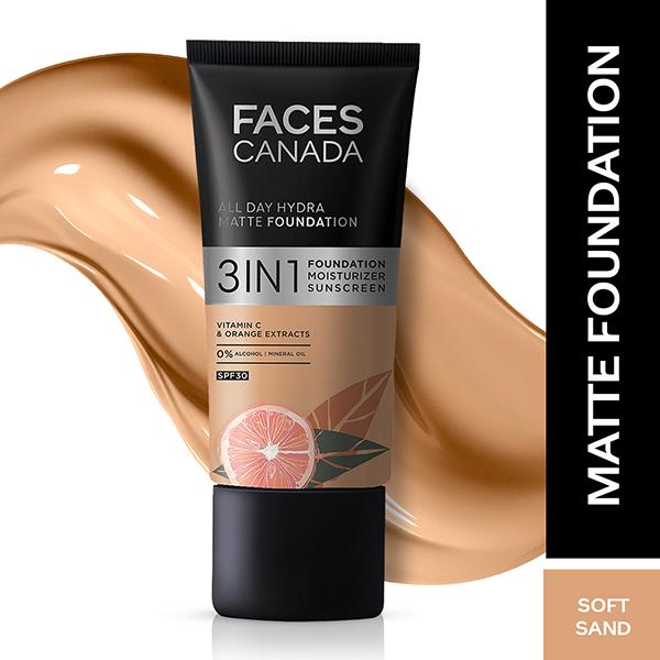Netmeds | Faces Canada All Day Hydra Matte Foundation 3-In-1 Foundation + Moisturizer + SPF 30 24 Hr Aloe Hydration & Vitamin C 10Hr Long Wear Soft Sand 041 25ml