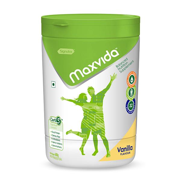 Netmeds | Maxvida Balanced Nutrition Supplement Powder Jar - Vanilla Flavour 400 g