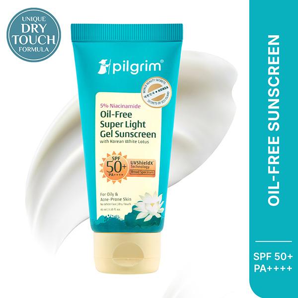 Netmeds | Pilgrim 5% Niacinamide Oil-Free Super Light Gel Sunscreen SPF 50+ PA++++ with Korean White Lotus 45 ml