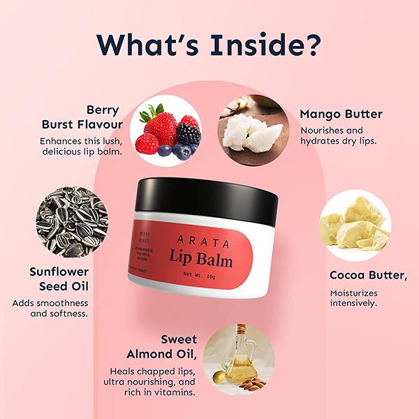 Arata Berry Burst Lip Balm For Dry, Chapped Lips Intensely Moisturizing Mango & Cocoa Butter 10 gm - Lip Balms