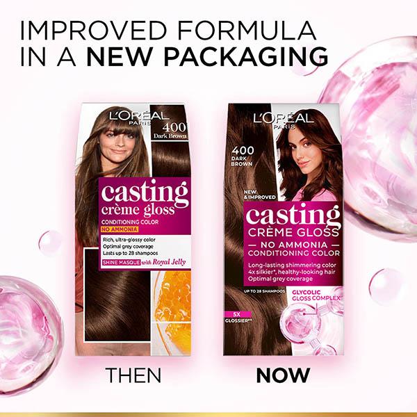 L'Oreal Paris Casting Creme Gloss Hair Conditoininig Color, 400 Dark Brown Shine Masque with Royal Jelly 87.5gm+72ml 1's - Crème