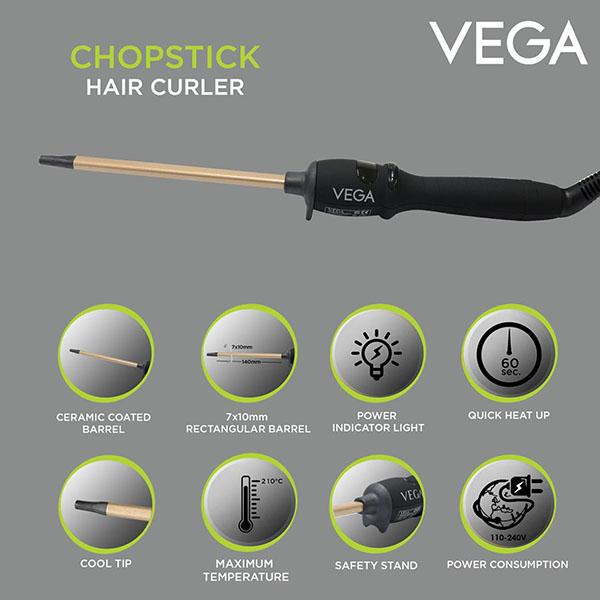 Vega Chopstick Hair Curler 7x10 mm With Ceramic Coated Barrel (VHCS-01) Black 1's - Multi-Stylers