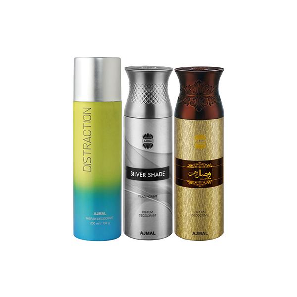 Ajmal 1 Distraction, 1 Ajmal Silver Shade And 1 Wisal Dhahab Deodorants Pack of 3 200 ml - Deodorants/Roll-Ons