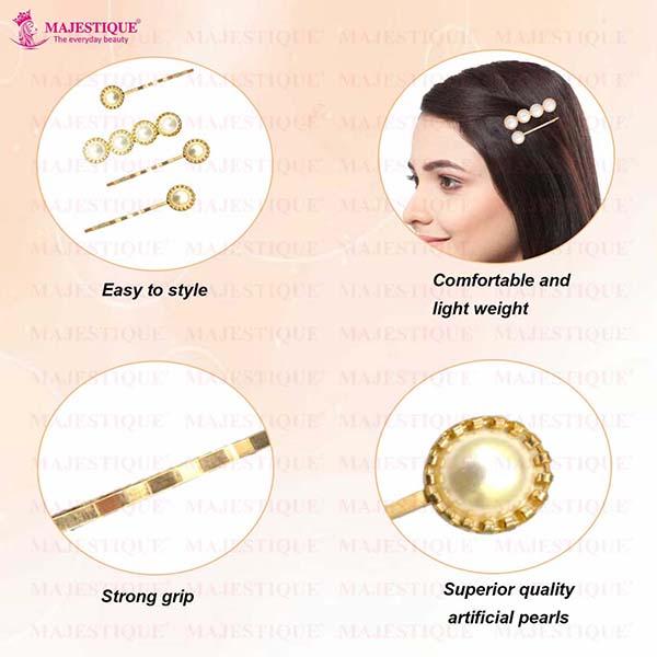 Majestique Stylish Pearl Golden Hair Pins, Metal Korean Fancy Accessories, Kids, Girls, Women 5's - Hair Clips/Bands