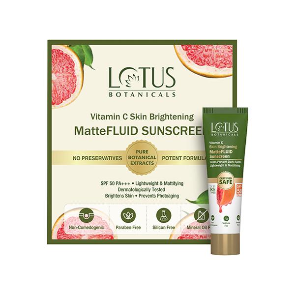 Netmeds | Lotus Botanicals Vitamin C Skin Brightening Mattefluid Sunscreen SPF 50 PA+++ for Men & Women 5 gm