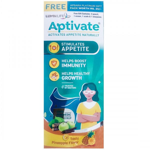 Netmeds | Aptivate Syrup - Tasty Pineapple Flavour 175 ml (Free Apsara Platinum Gift Pack Worth Rs.25)