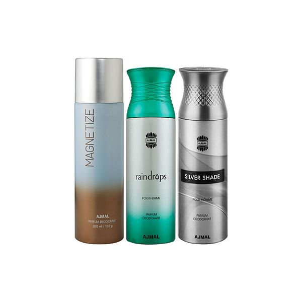 Ajmal 1 Magnetize, 1 Raindrops Femme And 1 Silver Shade Deodorants Pack of 3 200 ml - Deodorants/Roll-Ons