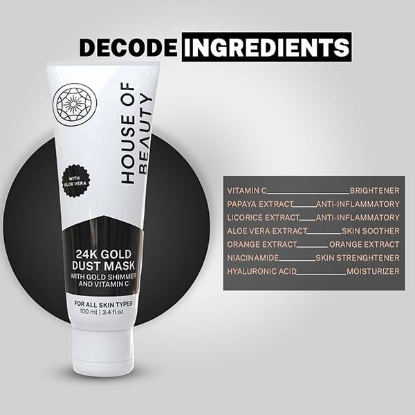 House of Beauty 24K Real Gold Dust Face Mask-Bridal Party Instant Glow with Niacin& Vit-C 100ml - Face Mask