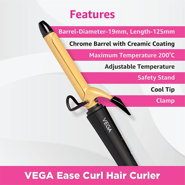 Vega Ease Curl Hair Curler 19 Mm with Ceramic Coated Barrel (VHCH-01) Black 1's - Multi-Stylers