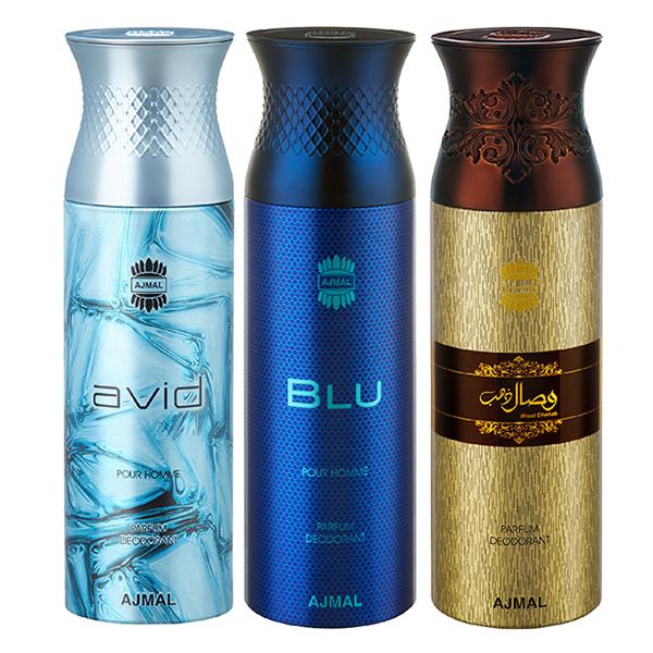 Netmeds | Ajmal Avid & Blu & Wisal Dahab Deodorant Spray - For Men (Pack Of 3) 200 ml