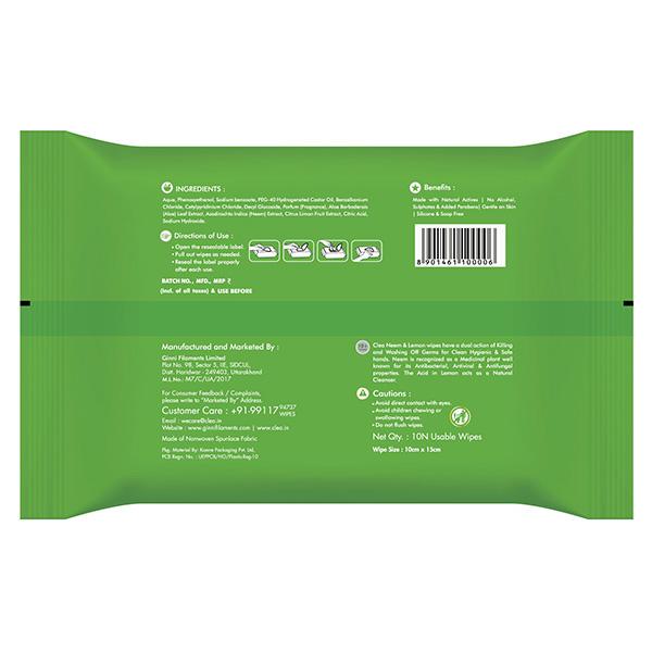Clea Neem & Lemon Hand Sanitizing Wipes With 99.99% Germ Killl Formula 10's - Hand Sanitizer