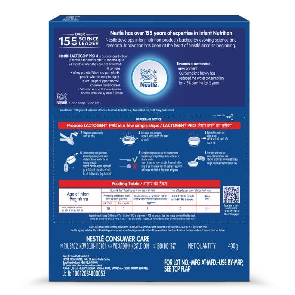 Nestle LACTOGEN PRO 4 Follow Up Formula with Whey Protein, Iron, Vitamin A, C & D (After 18 Months Upto 24 Months) Powder 400 g - Baby And Infant Supplements