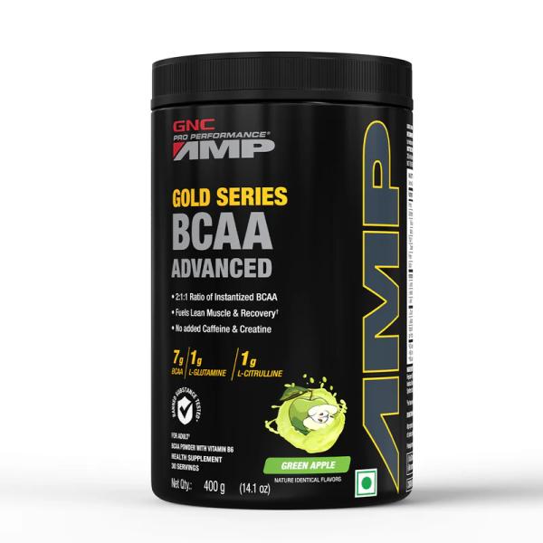 Netmeds | GNC AMP Gold Series BCAA Advanced Powder with Vitamin B6 - Green Apple Flavour 400 gm
