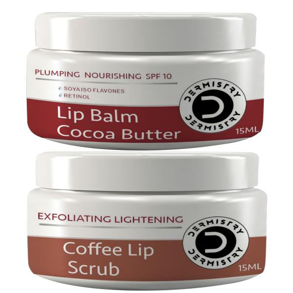 Dermistry Plumping Nourishing SPF 10 Lip Balm Cocoa Butter 15 ml + Exfoliating Lightening Coffee Lip Scrub 15 ml - Lotions & Creams
