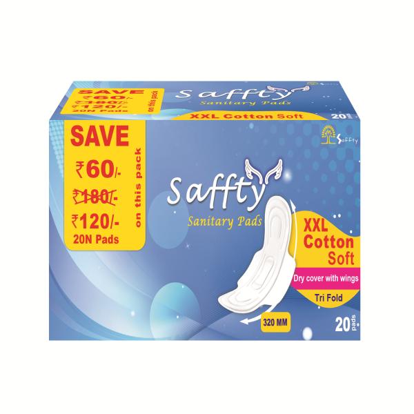 Saffty Cotton Soft Tri Fold Sanitary Pads 320 MM with Dry Cover and Wings (XXL) 20's - Sanitary Napkins