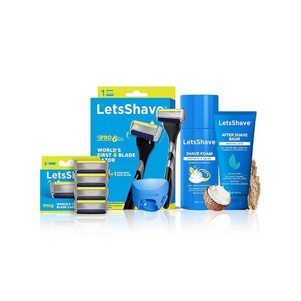 Netmeds | LetsShave Pro 6+ Razor + Razor Blades 4's + After Shave Balm + Shave Foam + Razor Cap - Men